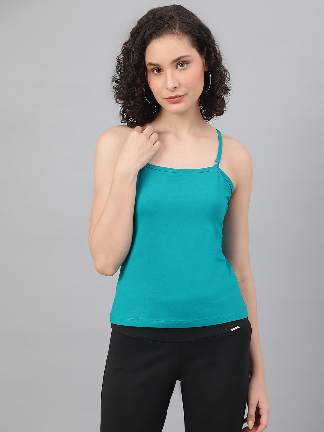 Stylish spaghetti top in Supima cotton - Teal/Sky Blue Cotton Top for Women - BeSimple