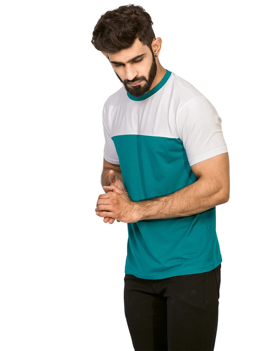 Supima Half Sleeves T-Shirt: White and Sky Blue