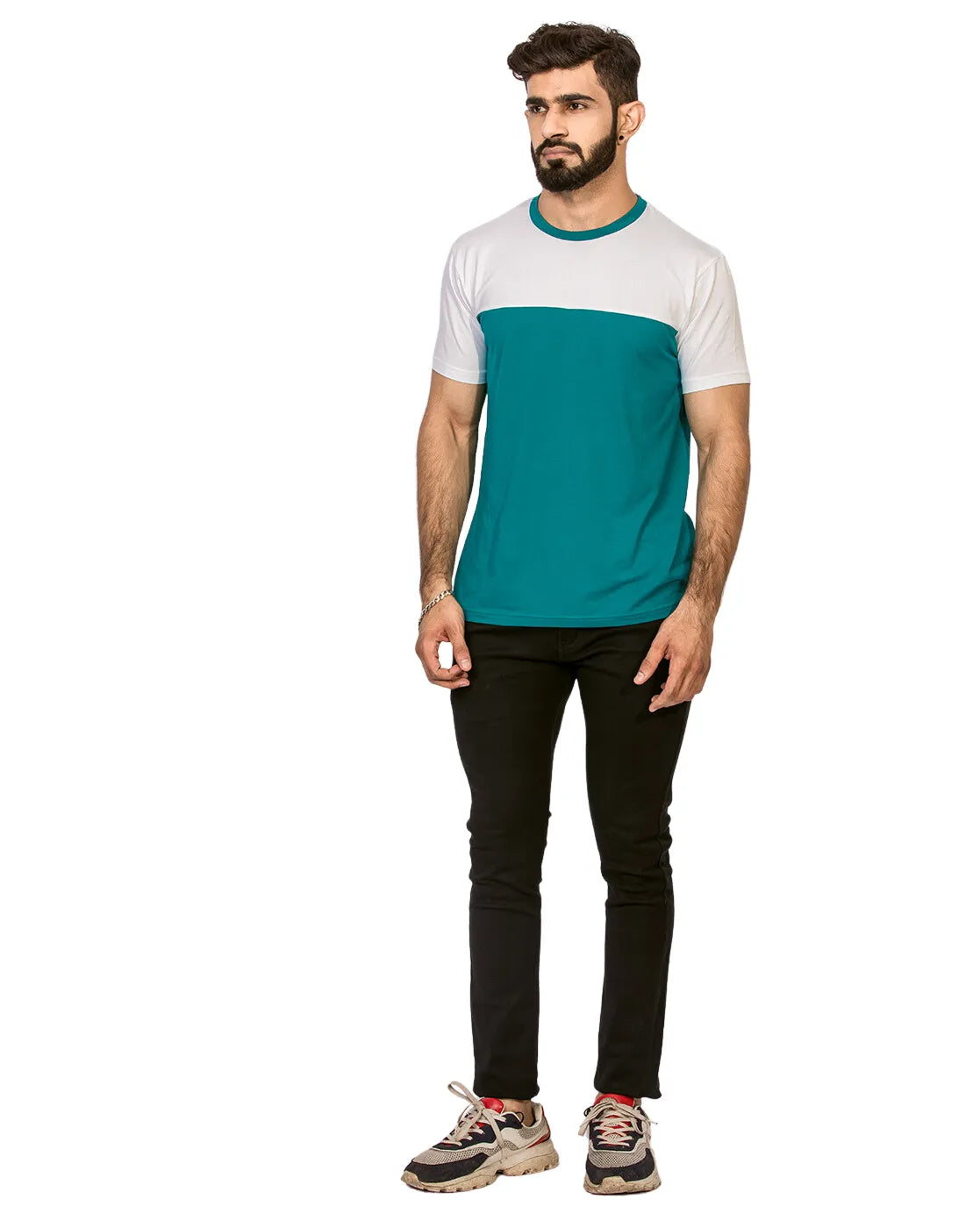 Supima Half Sleeves T-Shirt: White and Sky Blue