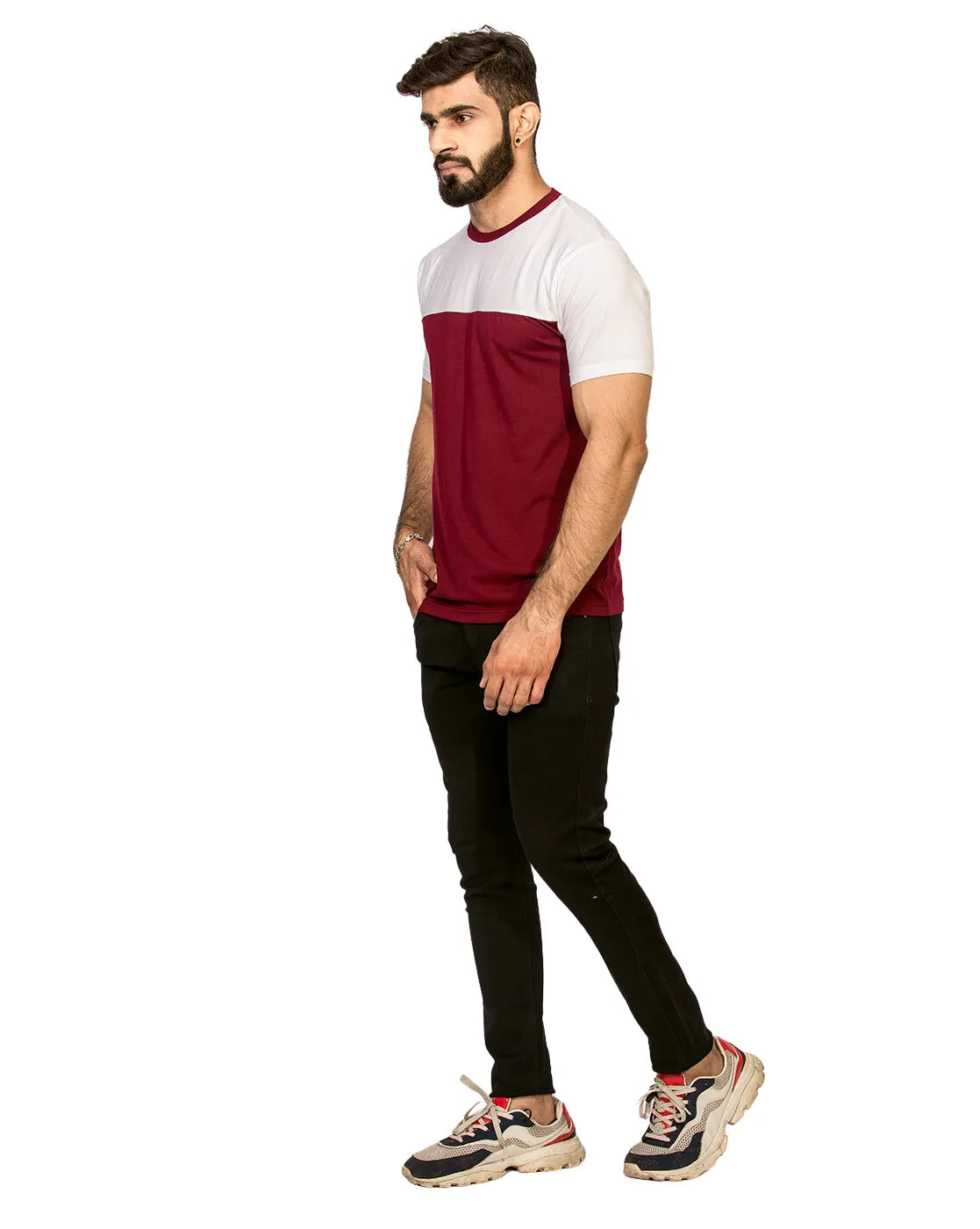 Supima Half Sleeves T-Shirt: Burgundy and White