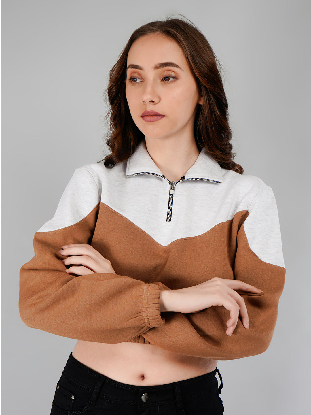 Crop Sweatshirt : White Mélange / Beige