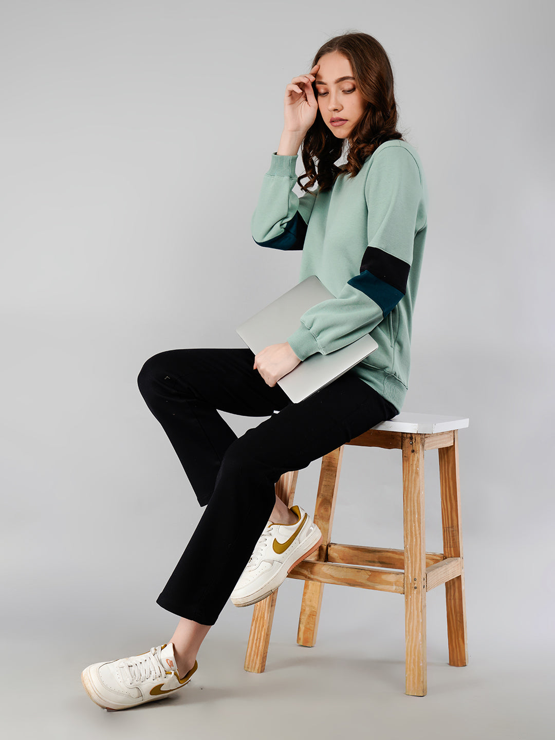Solid Sweatshirt : Seagreen (Color Block Sleeve)