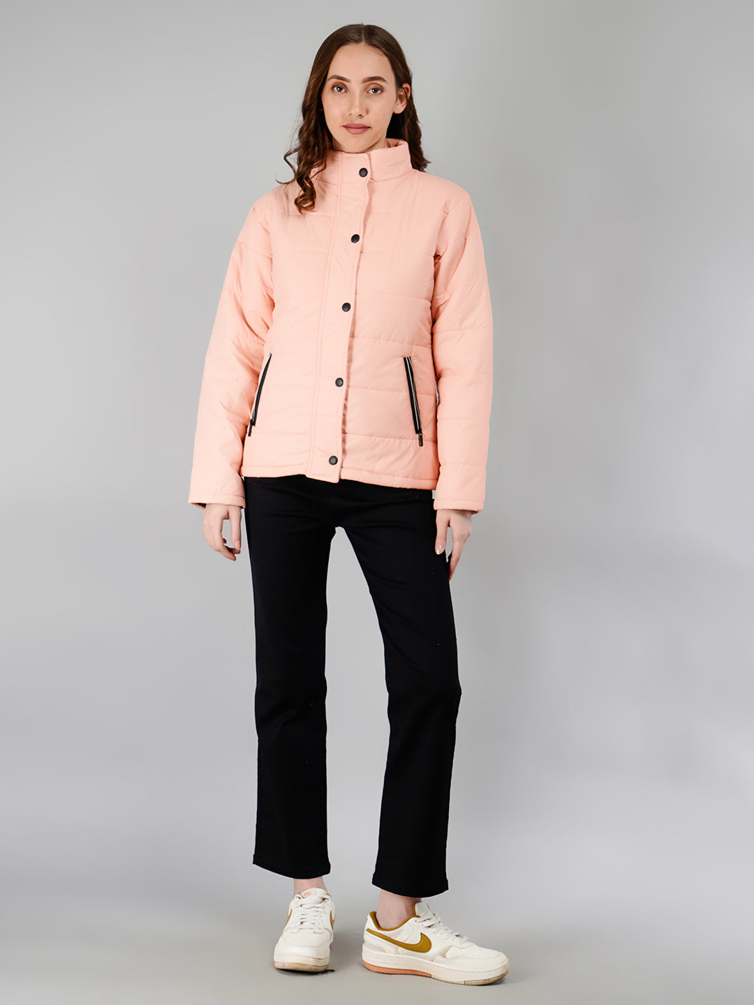Women Bomber Jacket Snapbutton: Peach