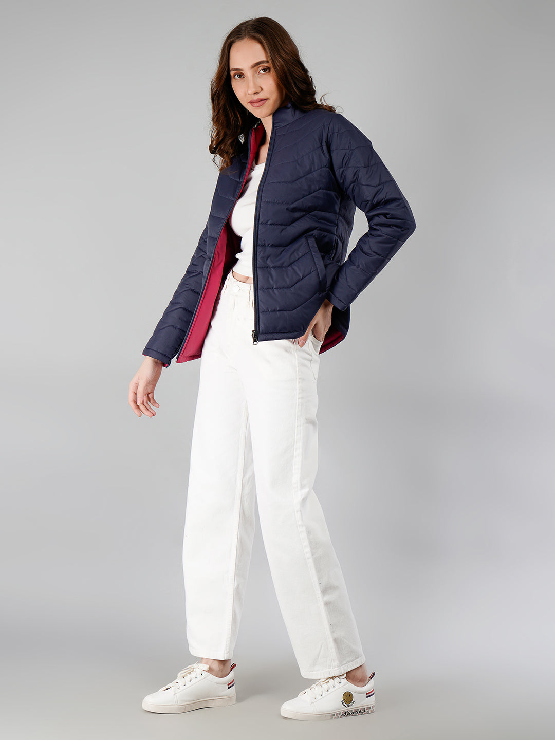 Women Puffer Jacket Reversible - Navy / Fuchsia