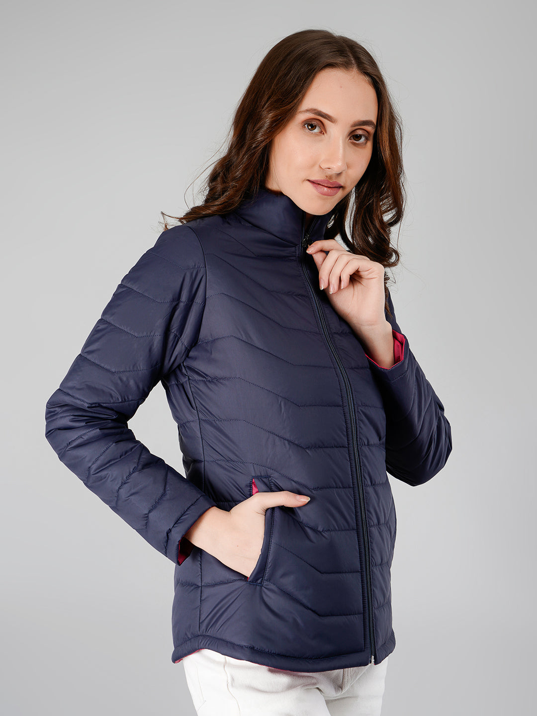 Women Puffer Jacket Reversible - Navy / Fuchsia