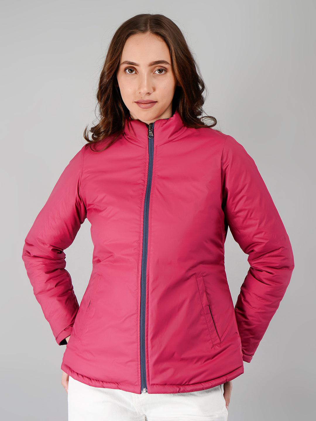 Women Puffer Jacket Reversible - Navy / Fuchsia
