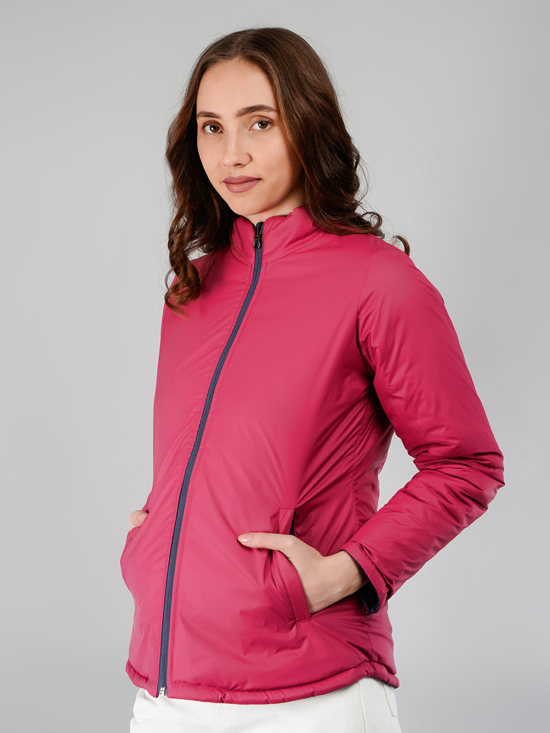 Women Puffer Jacket Reversible - Navy / Fuchsia