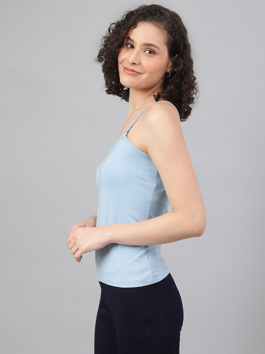 Stylish spaghetti top in Supima cotton - Chambray Blue Cotton Top for Women - BeSimple
