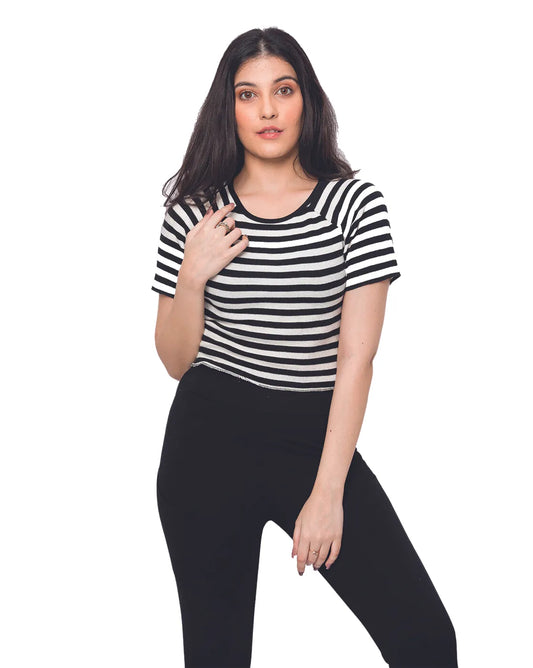 Buy Cotton Striper Crop Women's T-Shirt : Black and White | T-shirts for Girls