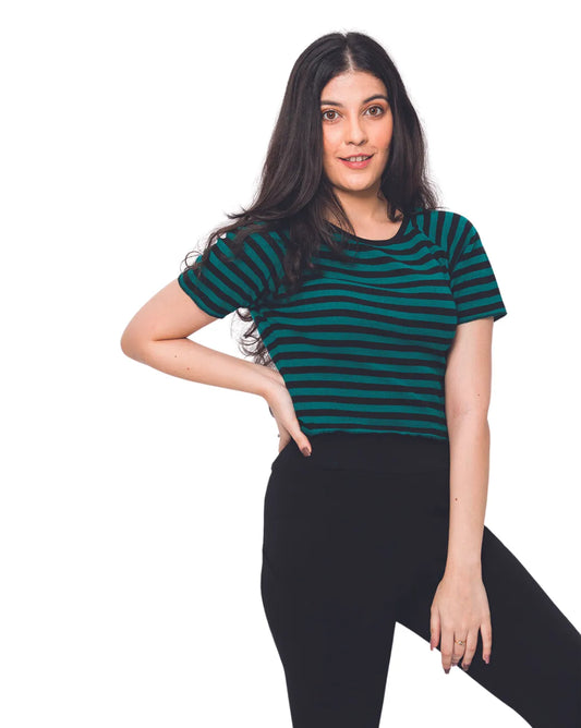 Buy Cotton Striper Crop Women's T-Shirt : Black and Green | T-shirts for Girls