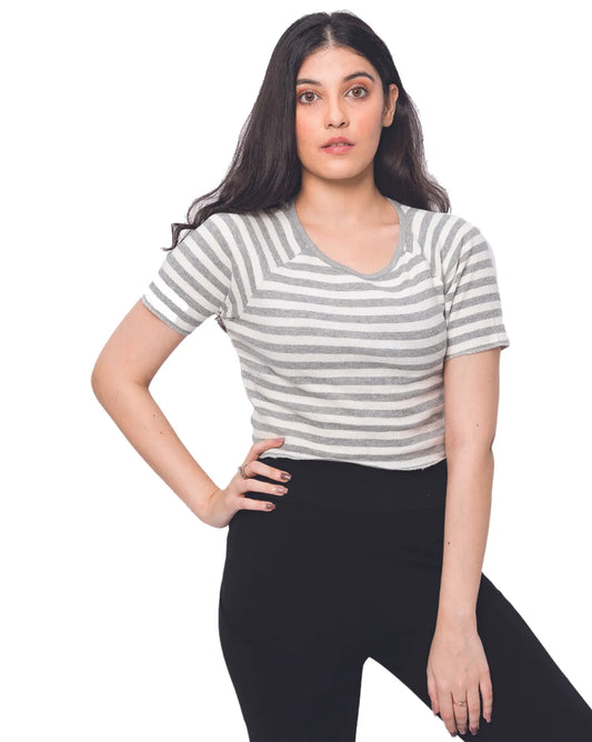 Buy Cotton Striper Crop Women's T-Shirt : Grey and Off - White | T-shirts for Girls
