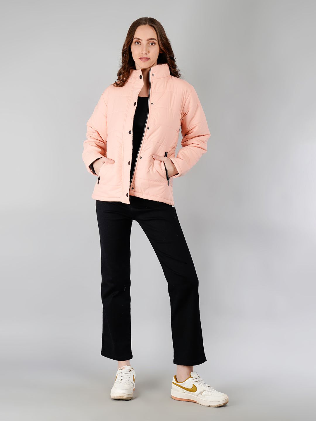 Women Bomber Jacket Snapbutton: Peach