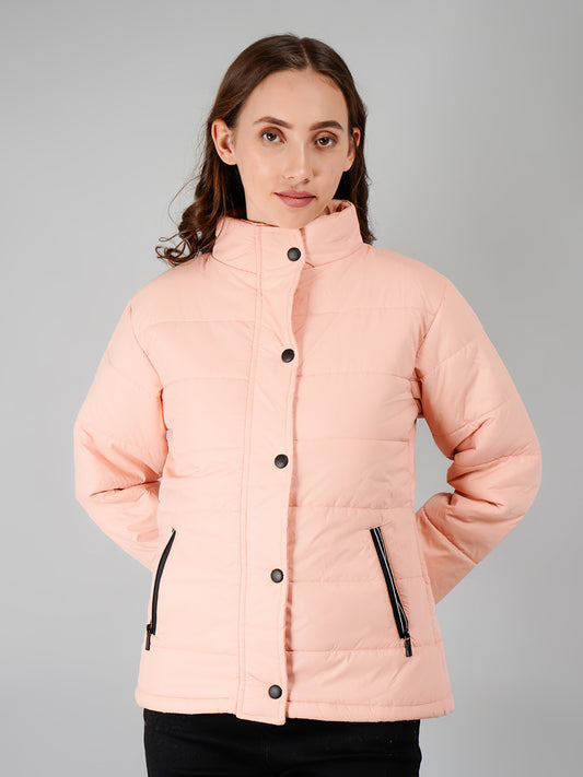 Women Bomber Jacket Snapbutton: Peach