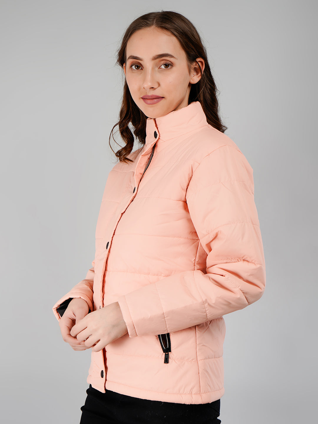 Women Bomber Jacket Snapbutton: Peach
