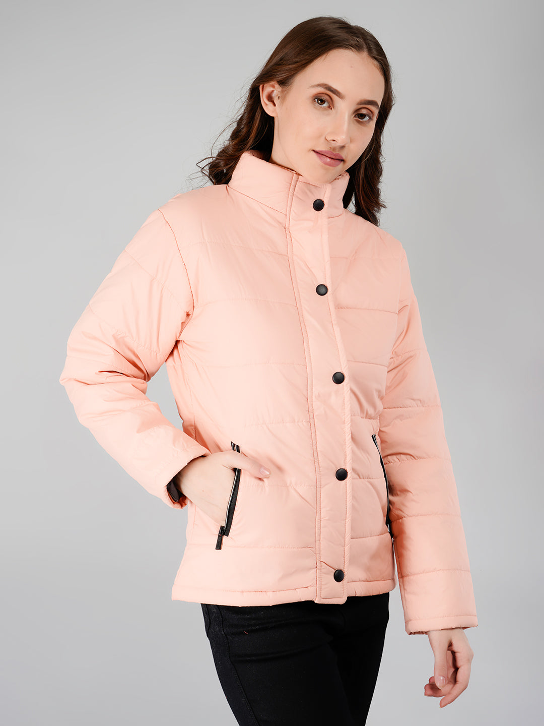 Women Bomber Jacket Snapbutton: Peach