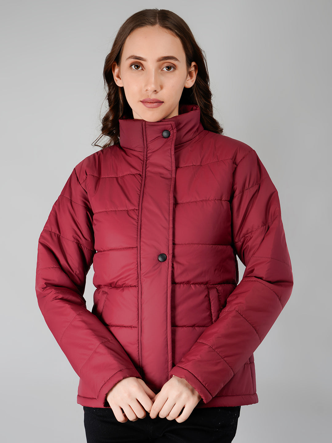 Women Bomber Jacket Snapbutton : Burgundy