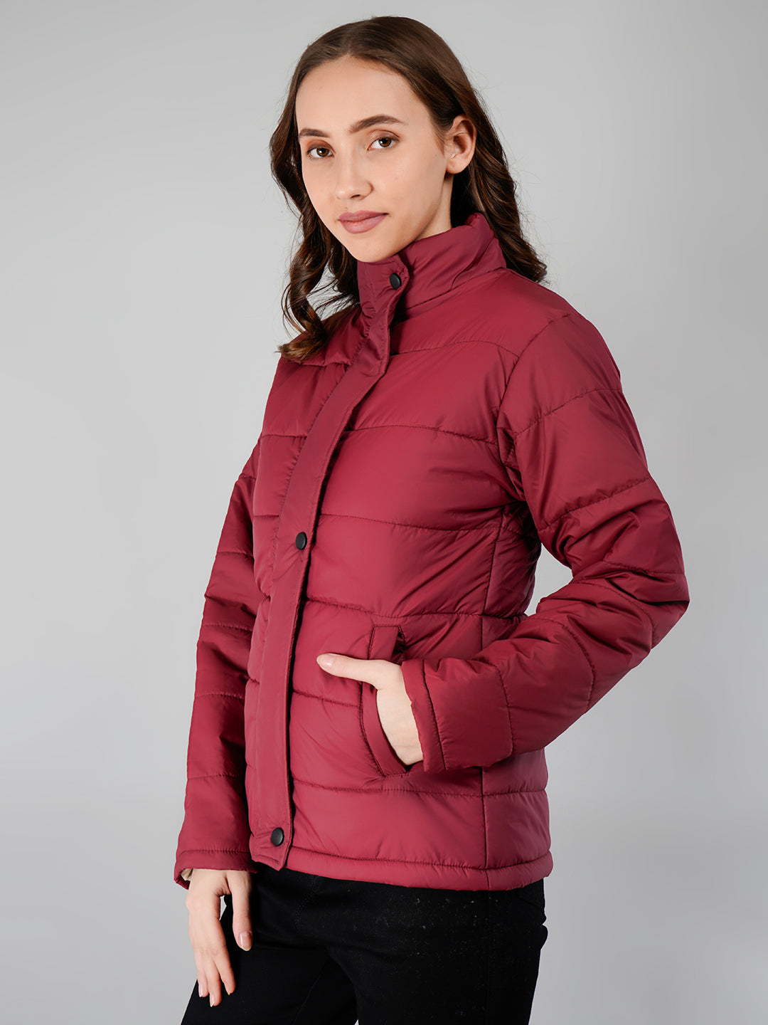 Women Bomber Jacket Snapbutton : Burgundy