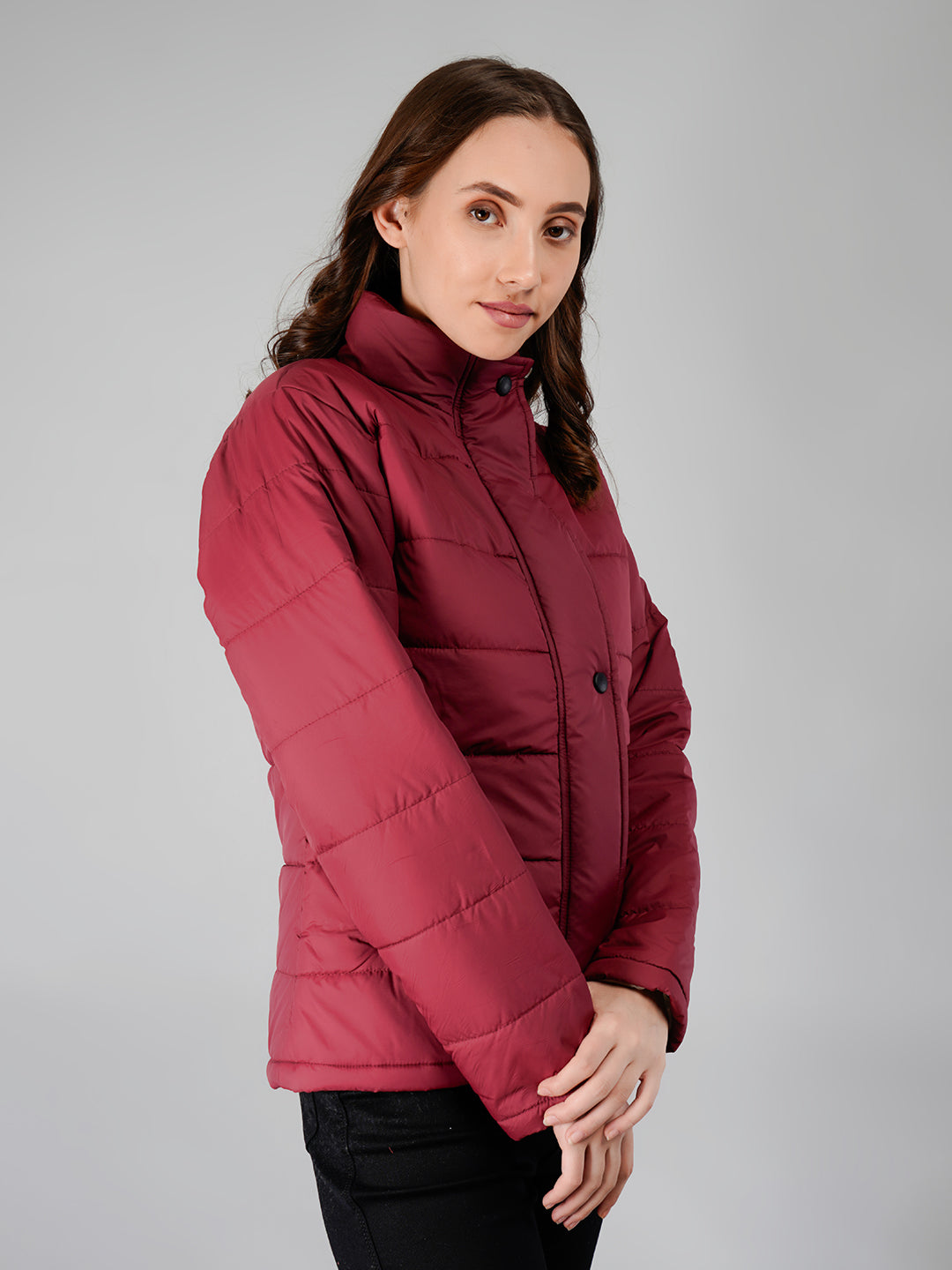 Women Bomber Jacket Snapbutton : Burgundy