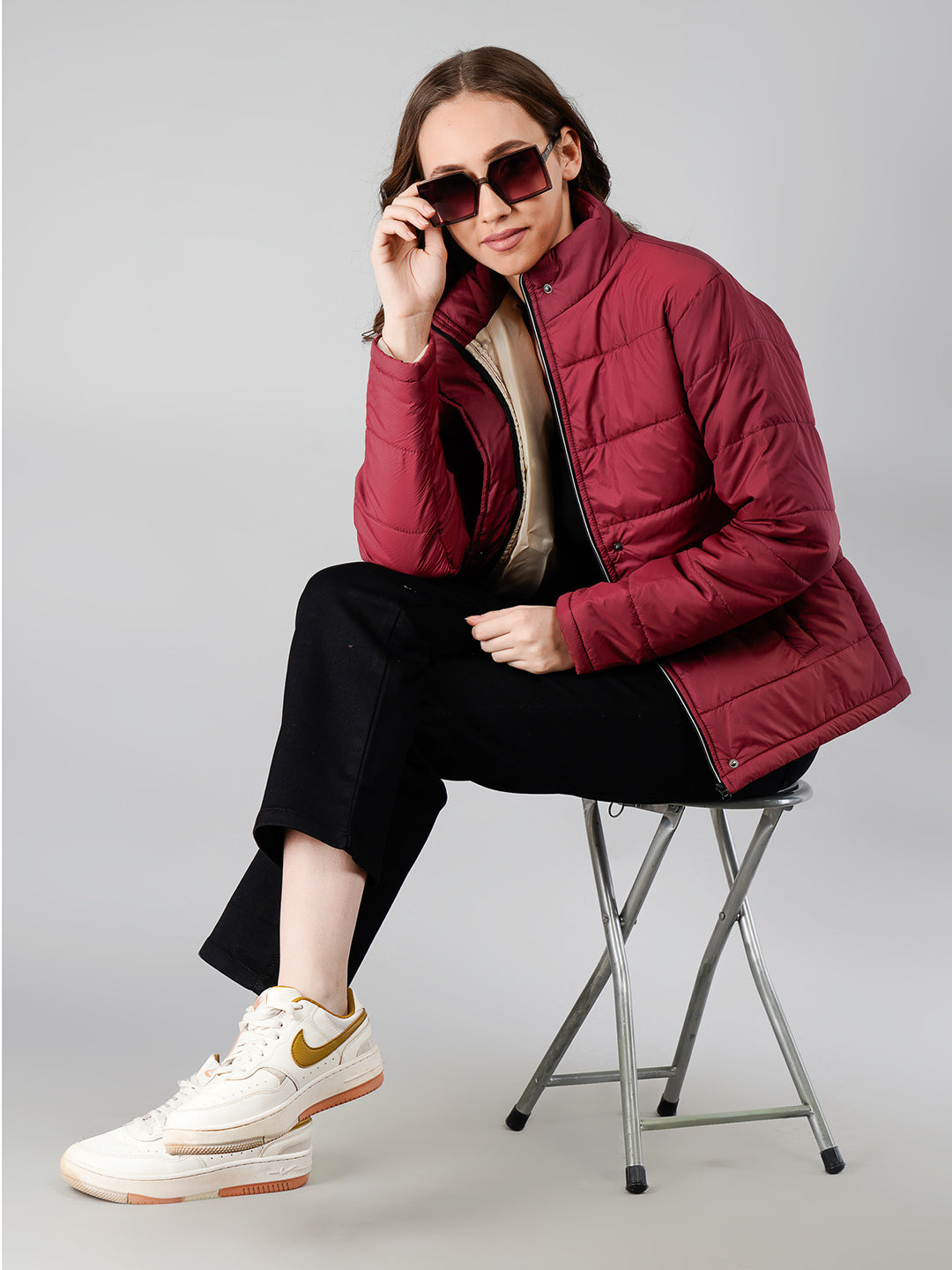 Women Bomber Jacket Snapbutton : Burgundy