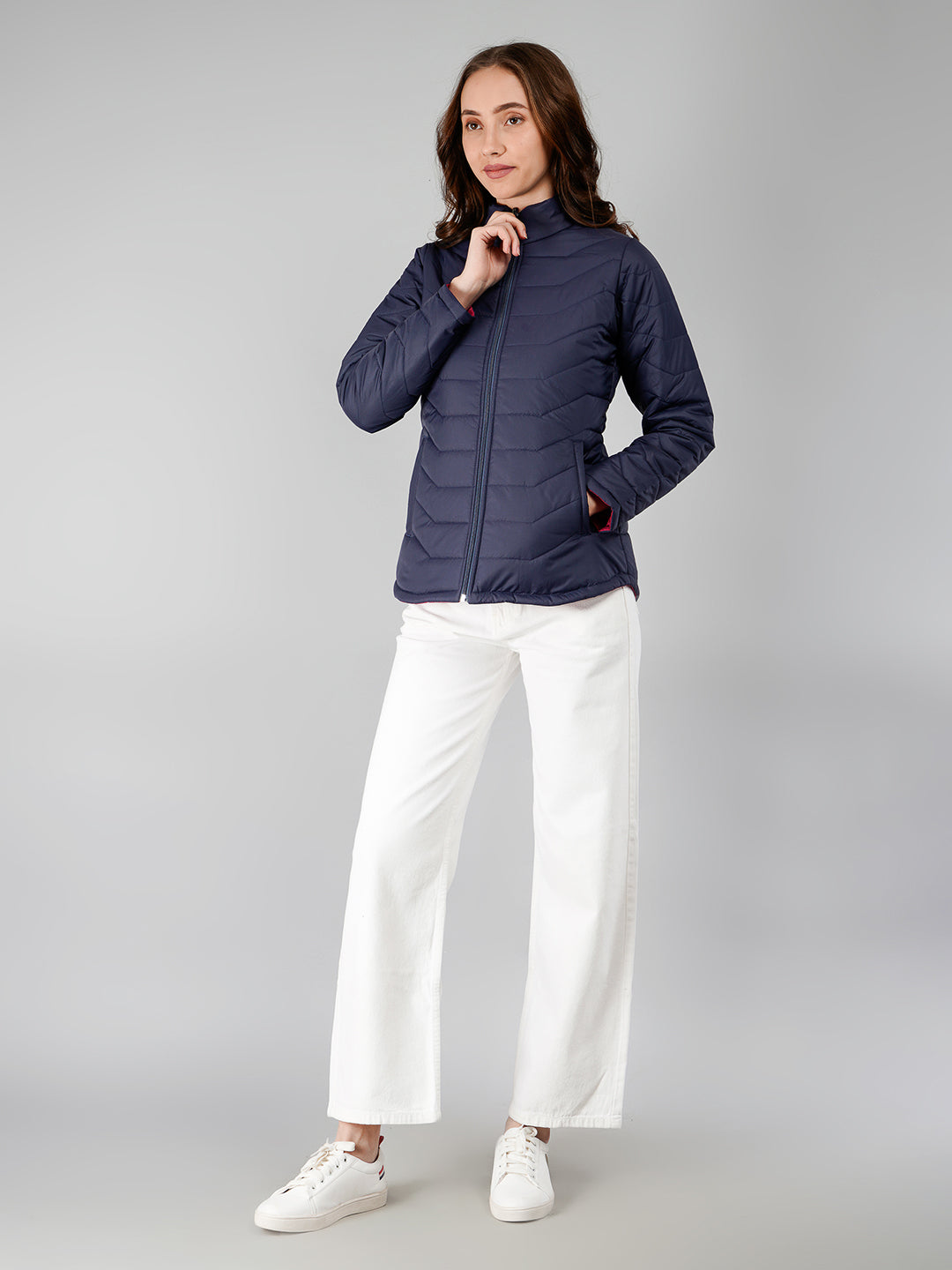 Women Puffer Jacket Reversible - Navy / Fuchsia