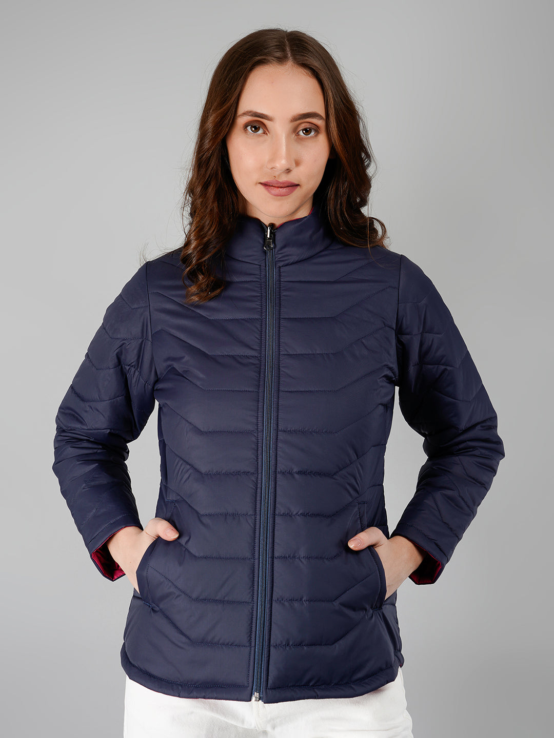 Women Puffer Jacket Reversible - Navy / Fuchsia