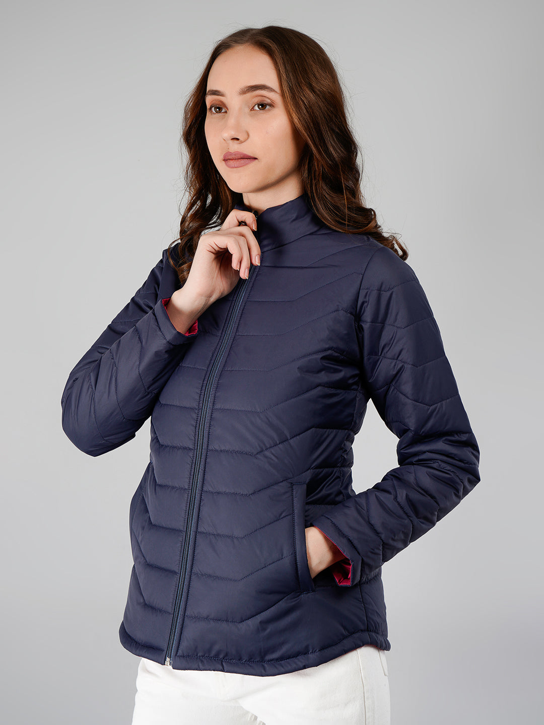 Women Puffer Jacket Reversible - Navy / Fuchsia